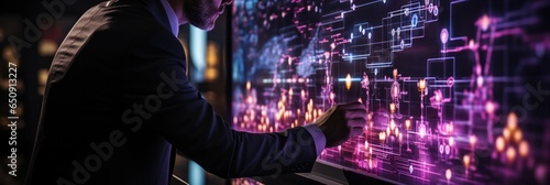 a businessman in business attire touching a business dashboard, in the style of objective abstraction, shaped canvas, light violet and dark cyan, generative AI
