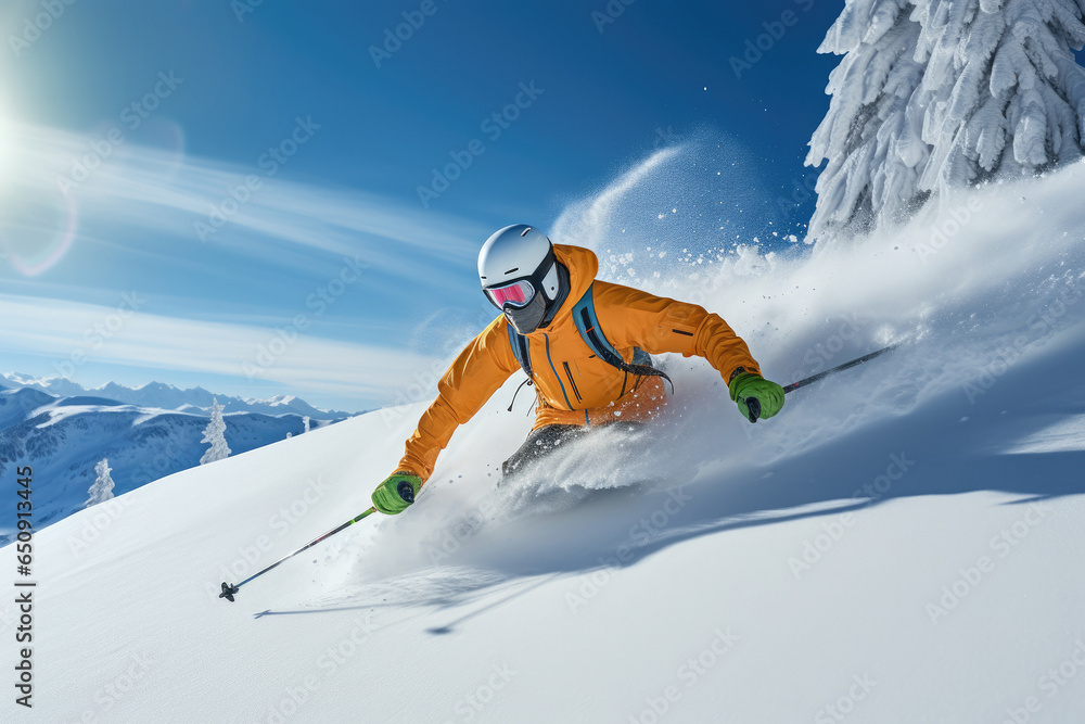 Man skier against the background of mountains on a sunny day