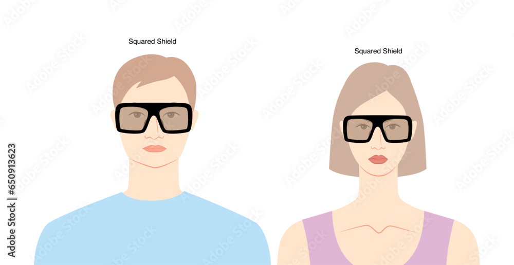 Squared Shield frame glasses on women and men flat character fashion accessory illustration. Sunglass front view unisex silhouette style, rim eyeglasses, lens sketch style outline isolated on white Squared Shield frame glasses on women and men flat character fashion accessory illustration. Sunglass front view unisex silhouette style, rim eyeglasses, lens sketch style outline isolated on white