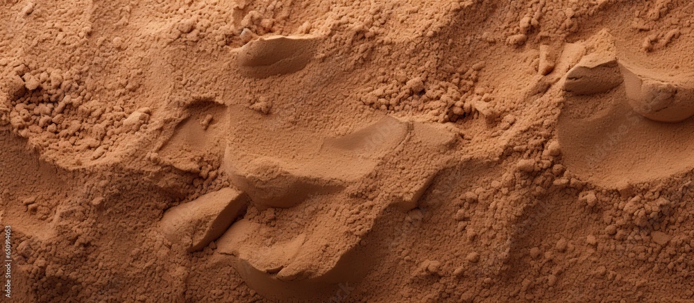 Fototapeta premium Top view of natural sandy beach background with brown dry sand texture