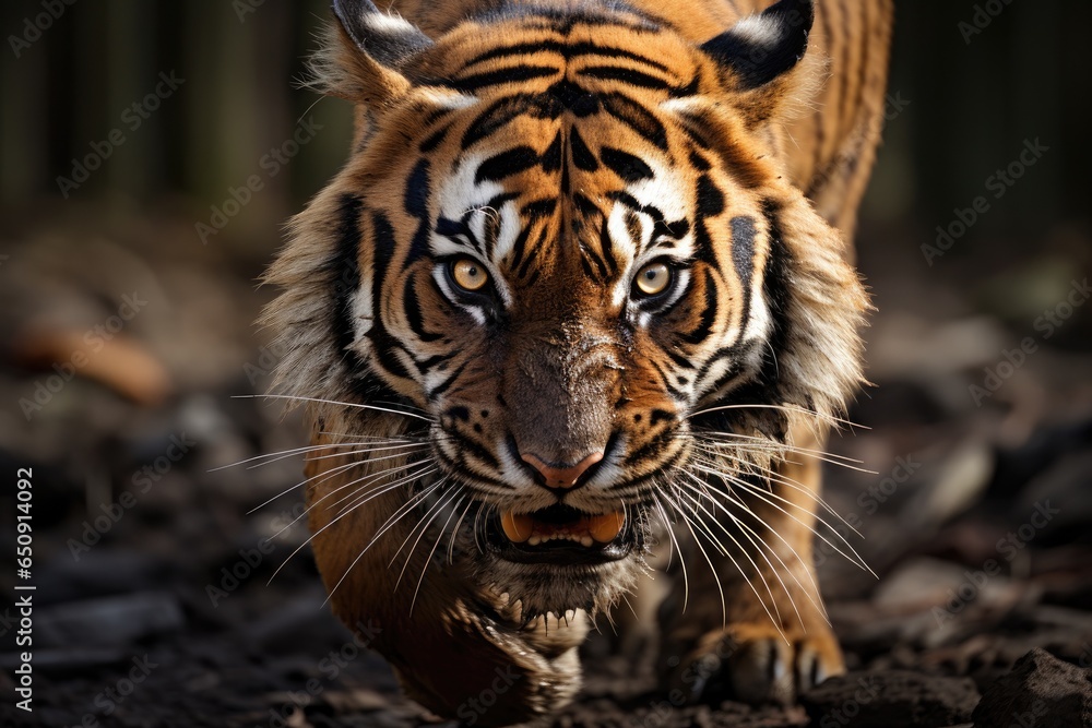 An aggressive tiger runs