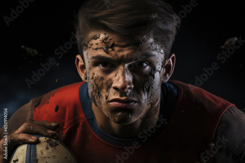 Rugby sportsman players with ball in action on stadium under lights. Emotional team under rain, splash drops.