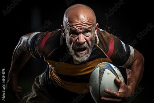 Rugby sportsman players with ball in action on stadium under lights. Emotional team under rain, splash drops. © ChaoticMind