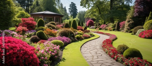 Vivid flowerbeds and curving grass pathway in charming English garden