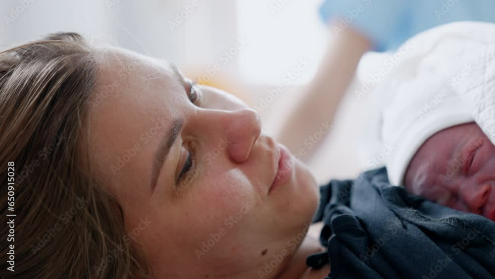 Caucasian woman with a tiny newborn on the chest. Little child is crying on mom's chest. Close up. Caucasian woman with a tiny newborn on the chest. Little child is crying on mom's chest. Close up.