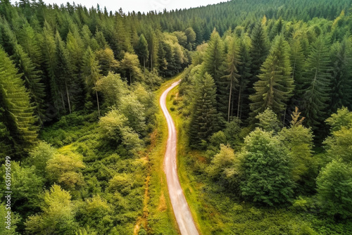An image of a forest seen from above. A road can be seen in the center. Magnificent nature, country life, holiday driving concept.