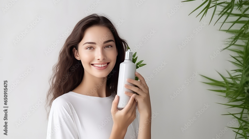 Young girl with curly hair holding a cosmetic bottle with an empty design. Curly hair shampoo mockup, copy space. Young girl with curly hair holding a cosmetic bottle with an empty design. Curly hair shampoo mockup, copy space.