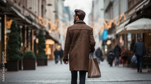 a handsome model man walking with shopping bags buying clothes in stores on a italian street. fashionable guy. taken from behind back. full height. perfect for a advertisement. Generative AI 