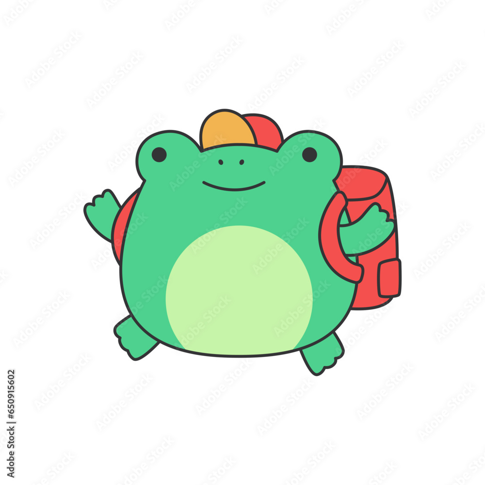 Cute green frog with a backpack. Vector illustration in a flat style. Cute green frog with a backpack. Vector illustration in a flat style.