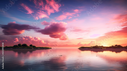 Pink Sunset A Picturesque Landscape of River and Sky with Pink Clouds and Reflections