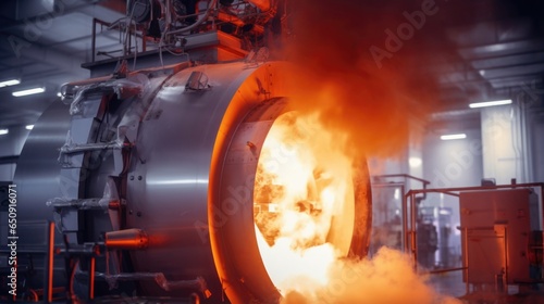 Detailed image of a hightech incinerator unit in the plant, featuring a massive cylindrical chamber with heatresistant walls. Flames can be seen fiercely burning waste inside, generating photo