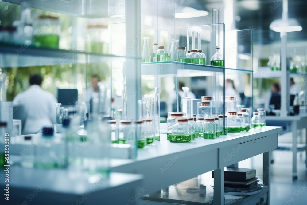 A detailed image of a contemporary research and development lab within the facility reveals shelves filled with glass beakers, test tubes, and other lab equipment. Scientists in lab coats - obrazy, fototapety, plakaty 