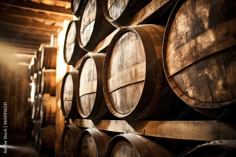 Detailed image of a vast warehouse filled with aging barrels, allowing beer to mature and develop complex flavors over time, as sunlight filters through cracks in the wooden beams, giving