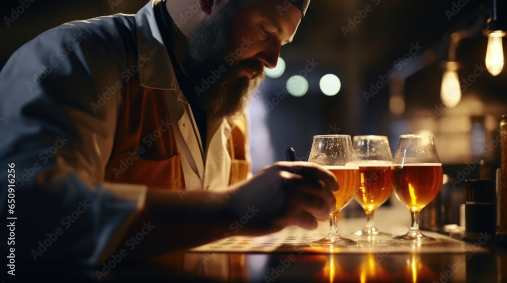 A detailed image of a brewer carefully inspecting the clarity and color of a sample of beer in a glass, using a professional tasting paddle and his trained eye to ensure consistency and A detailed image of a brewer carefully inspecting the clarity and color of a sample of beer in a glass, using a professional tasting paddle and his trained eye to ensure consistency and