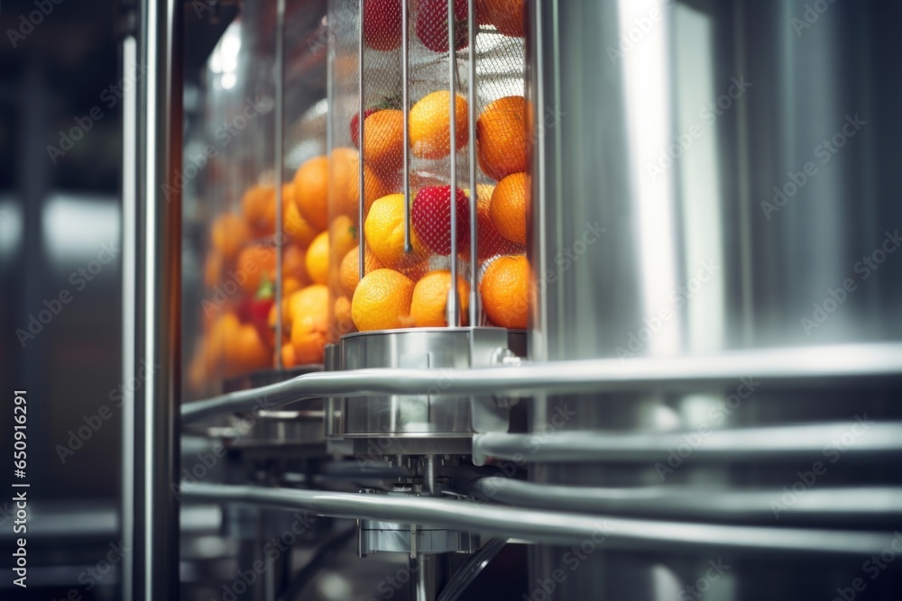 Closeup shot of a massive filtration system effectively separating impurities and residue from freshly pressed fruit juice, ensuring a clear and pure final product. - obrazy, fototapety, plakaty 