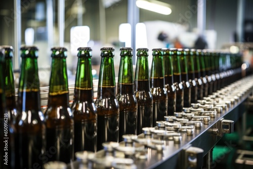 A detailed shot of the bottling line within the brewery. Empty glass bottles move along a conveyor belt  being meticulously filled with beer  capped  and labeled. The mechanical precision