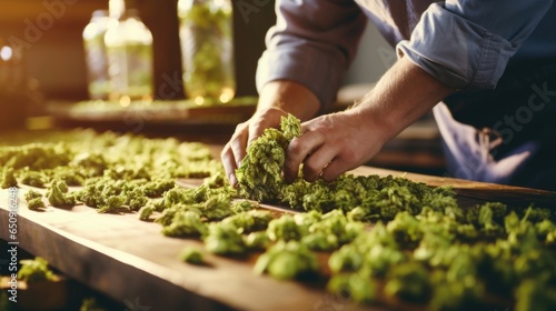 A brewer carefully selecting and weighing a handful of aromatic hops, emphasizing their vibrant green color and capturing their distinctive aroma.