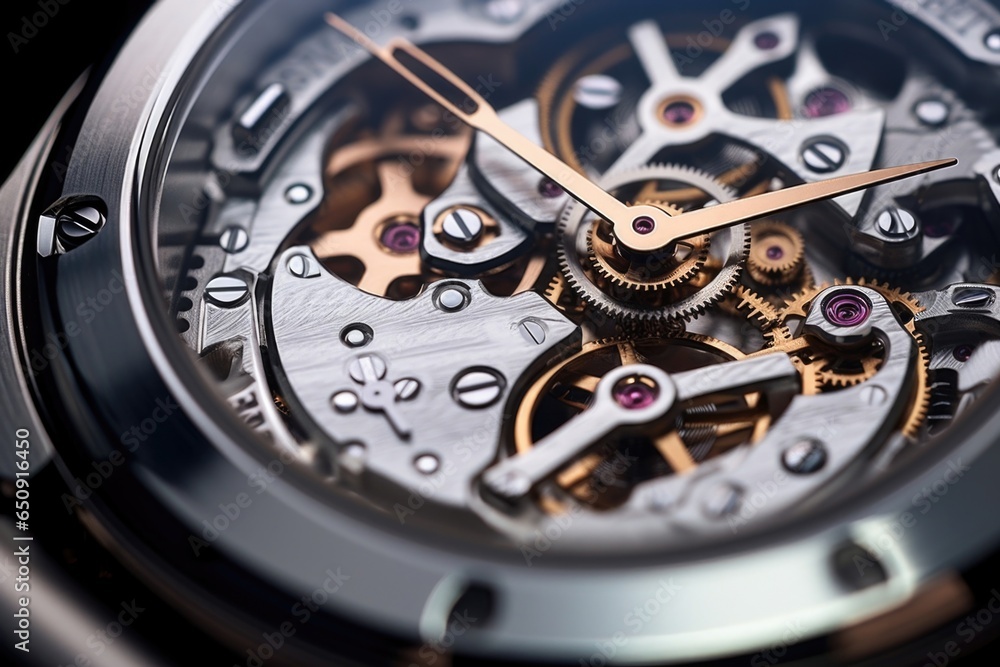 A detailed shot reveals the intricate gears and levers of a watchs chronograph mechanism. The