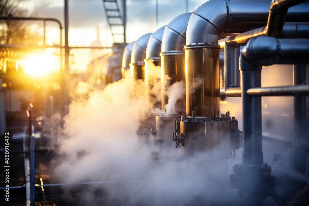 A detailed view of a largescale geothermal power system within the renewable fuel factory, capturing steam rising from deep underground, harnessed to generate electricity in an environmentally