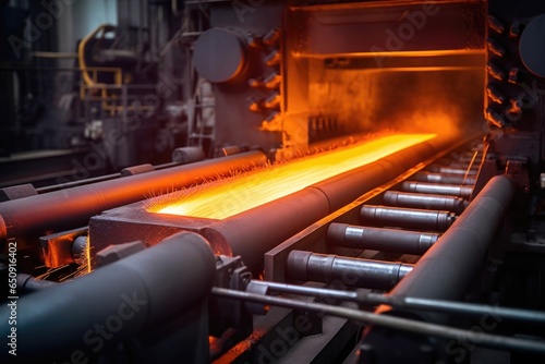 Closeup shot of a steel rolling mill, capturing the mechanical processes of heating, rolling, and cooling steel bars or sheets to specific thicknesses for structural use.