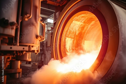 Macro shot of a rotary kiln, exposing the redhot flames engulfing the raw materials, the intense heat that fuels the cement manufacturing process. photo