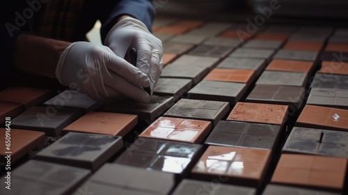 Zoomedin shot of a worker carefully inspecting a batch of fired tiles, using a magnifying glass to check for any imperfections, ensuring only the best quality products make it to the market.