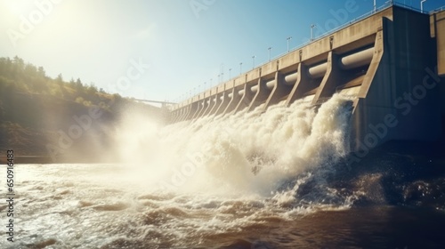 Detailed image of a massive hydroelectric dam, capturing the rushing water as it flows through power turbines, generating clean electricity.