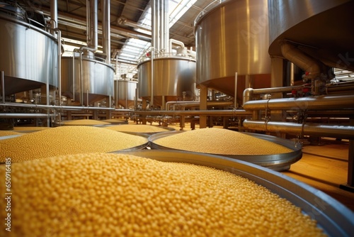 Closeup scene of a biorefinery operation within the renewable fuel factory, with large tanks filled with oily seeds ready for processing into biodiesel using environmentally friendly techniques. photo