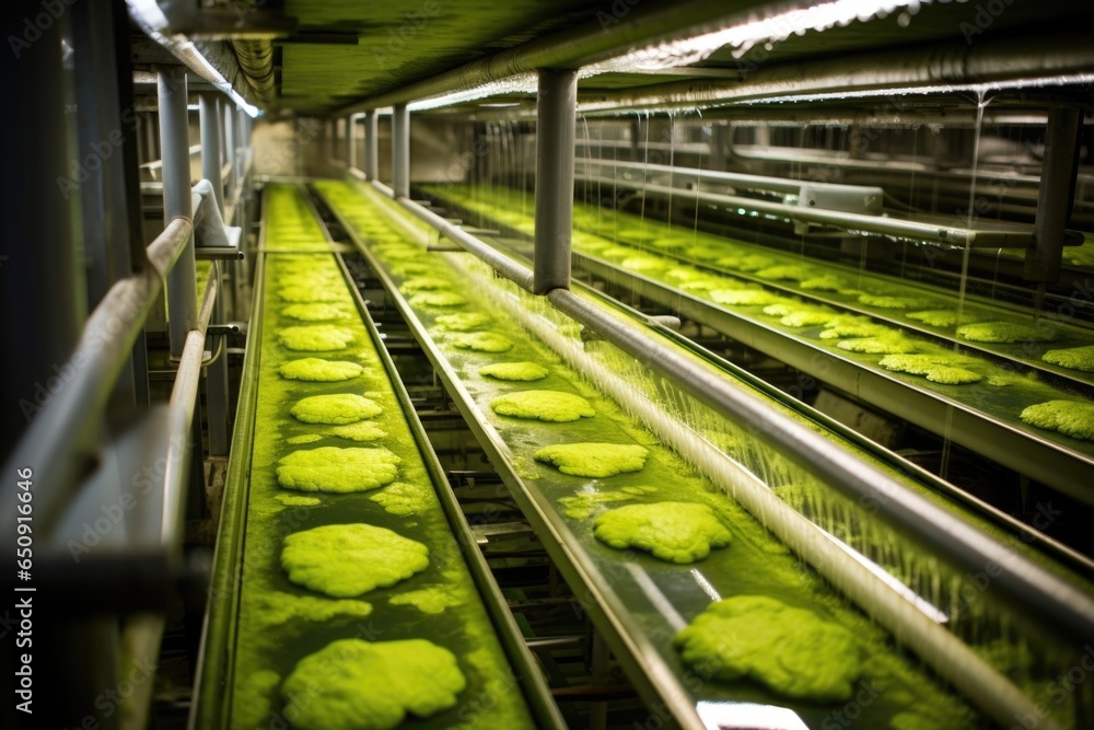 The image showcases a stateoftheart algae drying system within the plant. It reveals a conveyor belt carrying bright green algae biomass through a series of drying chambers, where warm air
