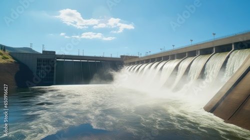 A detailed shot of a hydropower dam, with water cascading over the dams surface with great force. The image captures the power and potential of using flowing water to generate electricity