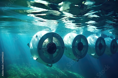 An upclose view of a largescale tidal energy turbine, installed underwater in a fastflowing current. The turbines blades elegantly rotate as they capture the kinetic energy from the tides, photo