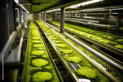 The image showcases a stateoftheart algae drying system within the plant. It reveals a conveyor belt carrying bright green algae biomass through a series of drying chambers, where warm air