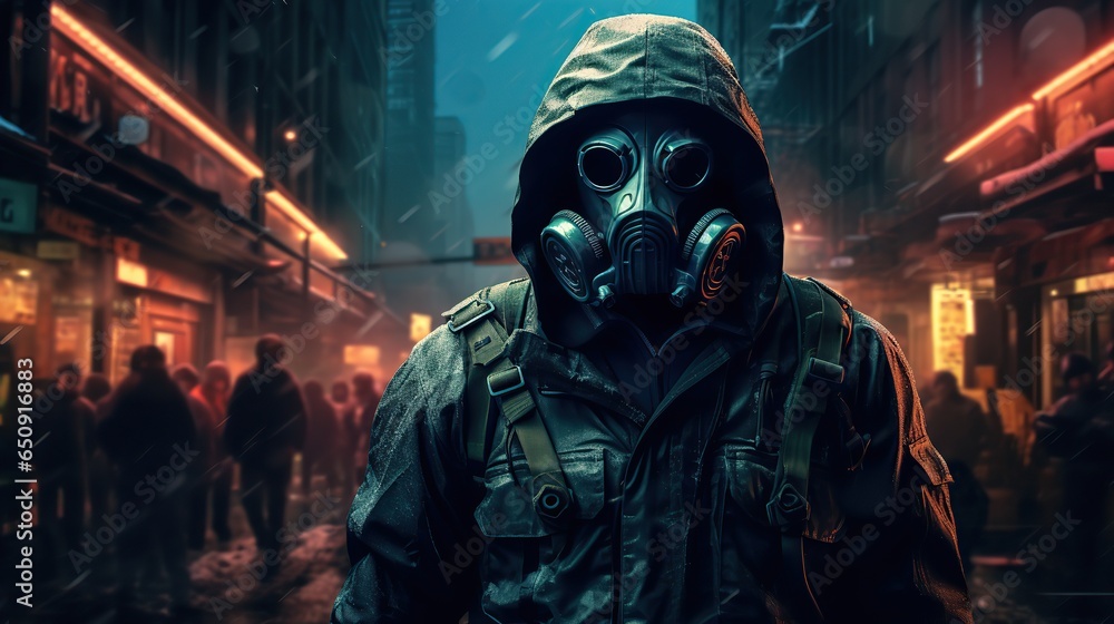 soldier in gas mask and body armor at night in the city soldier in gas mask and body armor at night in the city