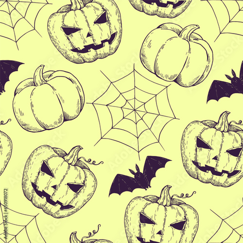 Halloween hand drawn seamless monochrome pattern in hand-drawn engraving style with pumpkins and spider web.