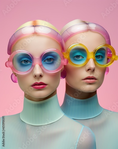 studio portrait of two stylish and bizarre woman, in style of pop art, weird and eccentric fashion