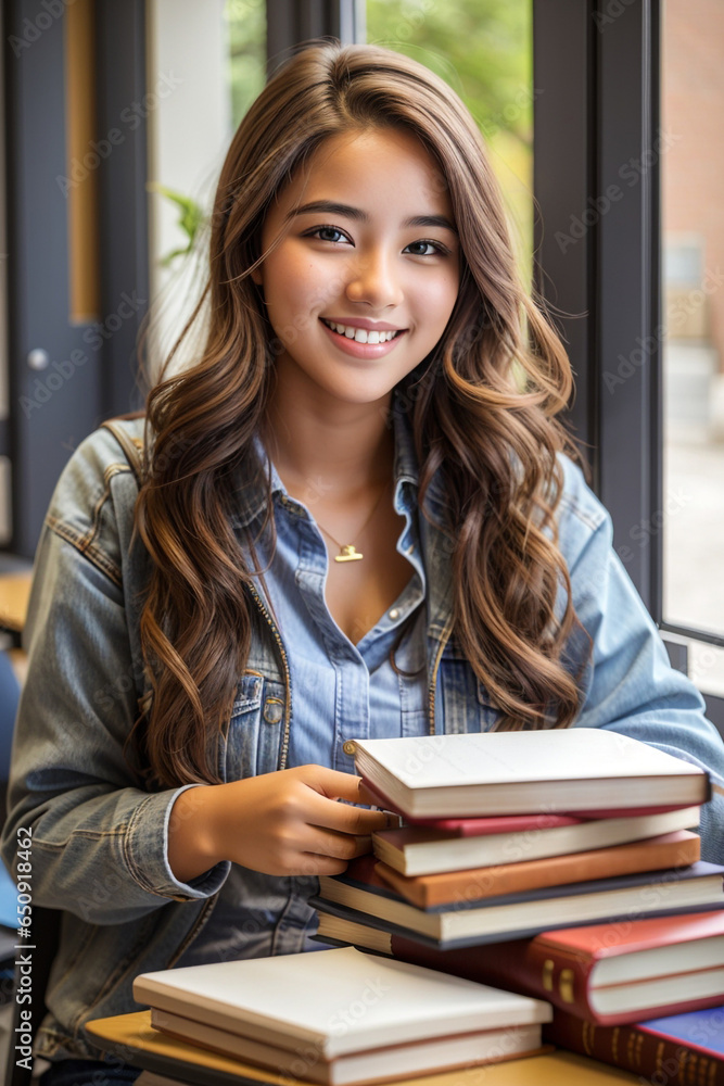 A female student reads a study book in the library. A female student reads a study book in the library.