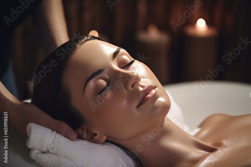 Beautiful young woman lying with closed eyes and getting a head massage at spa