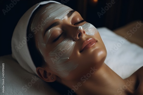Beautiful young woman lying with eyes closed and relaxing in spa