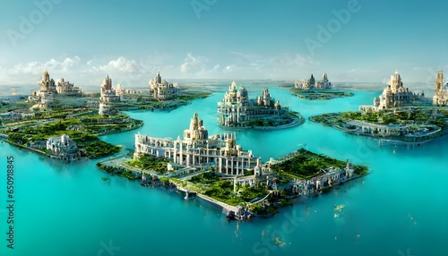 Atlantis on an island large buildings city on water mostly marble buildings buildings are grayish green or aqua blue magical beautiful clear sunny sky intricate detail crisp lighting 3D 