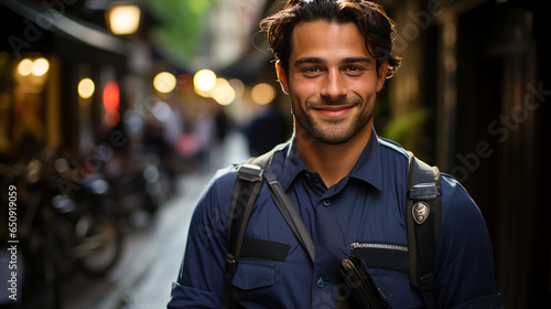 young handsome male postman on city background .mail delivery