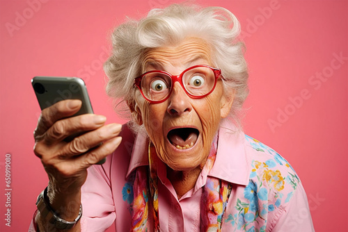 The older grandmother is delighted and surprised by the mobile device.Funny looking elderly woman. entertainment and winning
