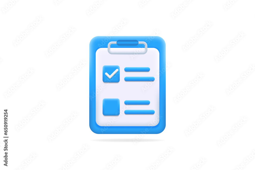 Clipboard with checklist. 3d notepad with checkbox and tick. Clip pad checkmark icon for task, test, plan complete, document sign, to do list, voting, examination concept. Isolated vector illustration Clipboard with checklist. 3d notepad with checkbox and tick. Clip pad checkmark icon for task, test, plan complete, document sign, to do list, voting, examination concept. Isolated vector illustration