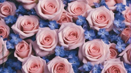 Pink roses and blue little flowers  beautiful background decorative pattern. Evocative of Spring and love concepts.