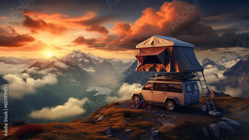 Top roof tent on camping car with mountain landscape view background.