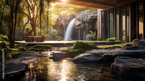 Home Modern home design with small waterfall decoration with morning sun light background. © Golden House Images