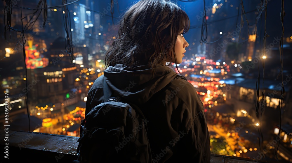 girl looking at city buildings at night girl looking at city buildings at night