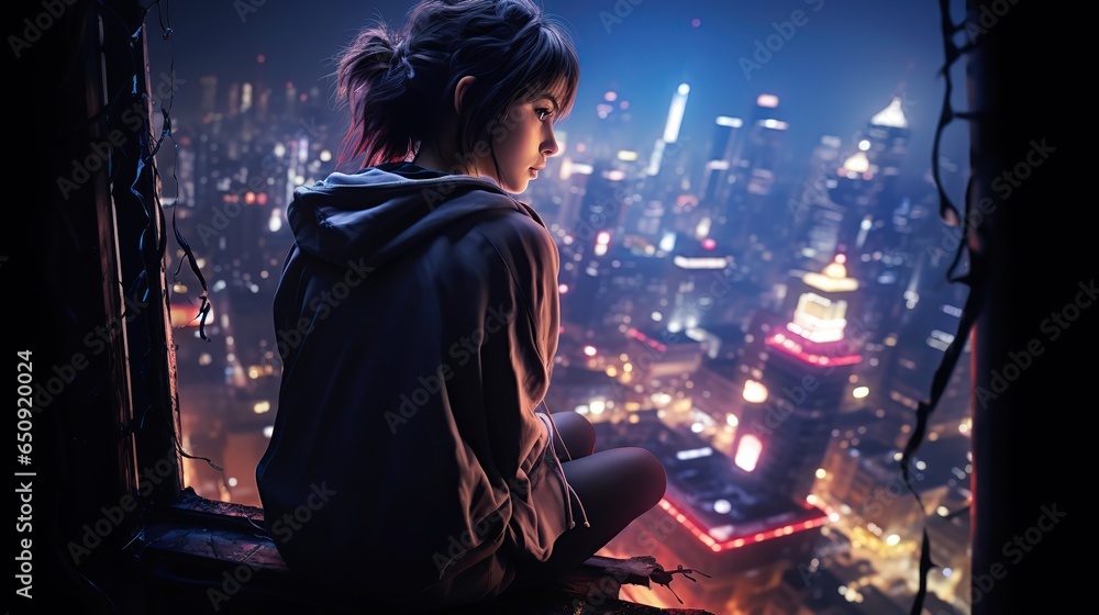 girl looking at city buildings at night girl looking at city buildings at night