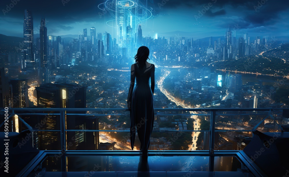 Woman looking at city buildings at night Woman looking at city buildings at night
