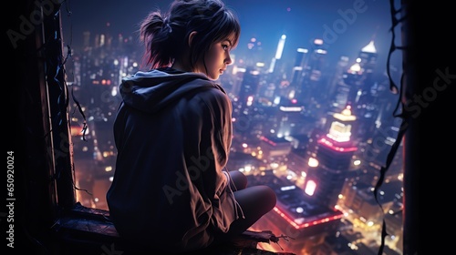 girl looking at city buildings at night