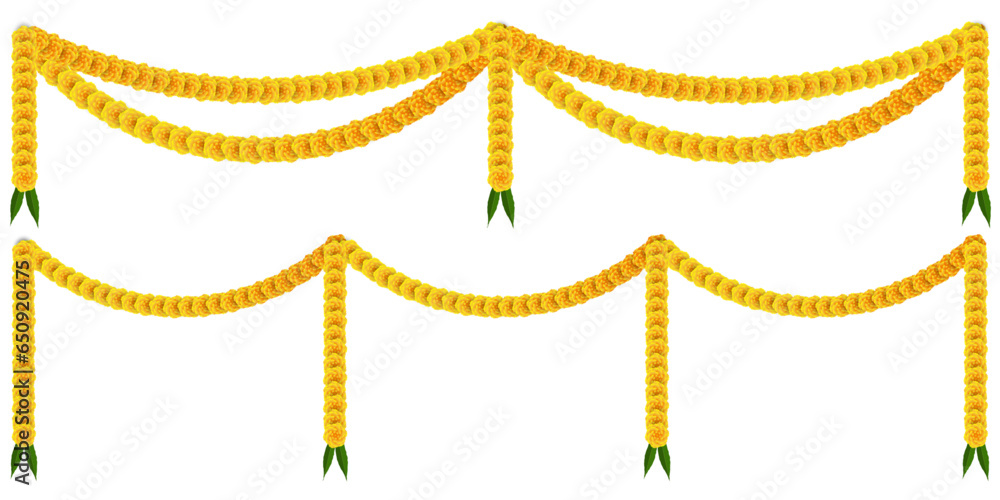 Indian Traditional marigold flower Garland. Decoration for Indian Hindu Auspicious Occasion, editable design vector. wedding, Pongal, ayudha poojai festival set. - obrazy, fototapety, plakaty 